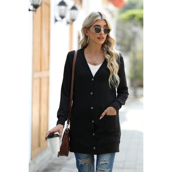 Grecerelle Women Black Open Front Button Down Ribbed Knit Lightweight Sweater - Picture 4 of 5